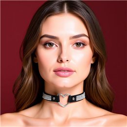 Collar with Heart and Rhinestones Choker Style Vegan Leather One Size - CR-907 - Teknashop Ltd