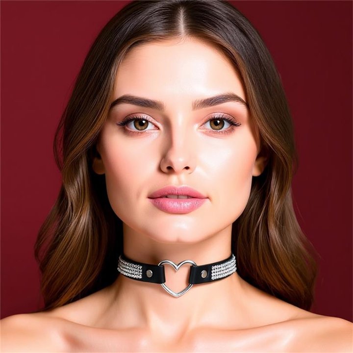 Collar with Heart and Rhinestones Choker Style Vegan Leather One Size - CR-907 - Teknashop Ltd