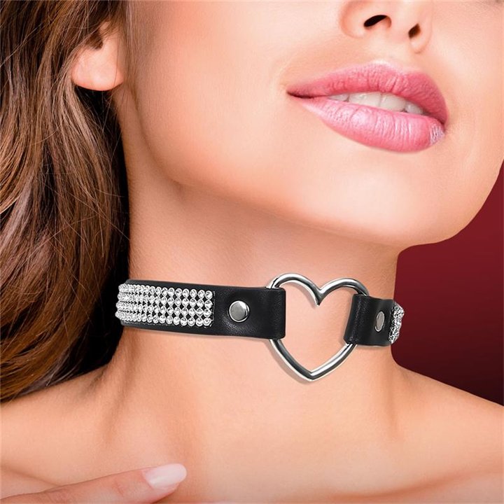 Collar with Heart and Rhinestones Choker Style Vegan Leather One Size - CR-907 - Teknashop Ltd