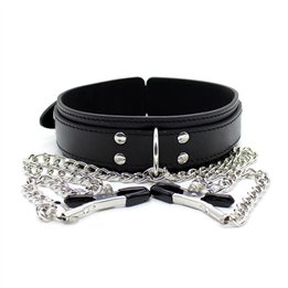 Collar with Nipple Clamps and metal Chain Black - 843658379351 - Teknashop Ltd
