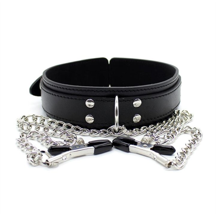 Collar with Nipple Clamps and metal Chain Black - 843658379351 - Teknashop Ltd
