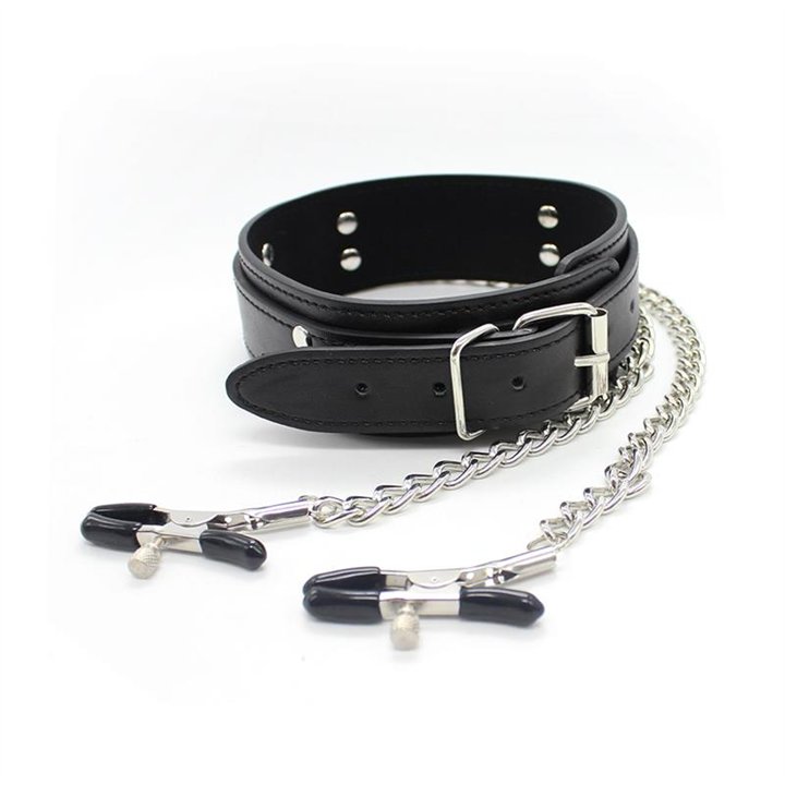 Collar with Nipple Clamps and metal Chain Black - 843658379351 - Teknashop Ltd