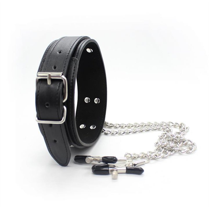 Collar with Nipple Clamps and metal Chain Black - 843658379351 - Teknashop Ltd