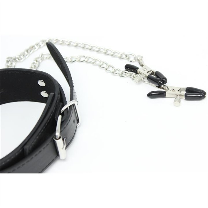 Collar with Nipple Clamps and metal Chain Black - 843658379351 - Teknashop Ltd