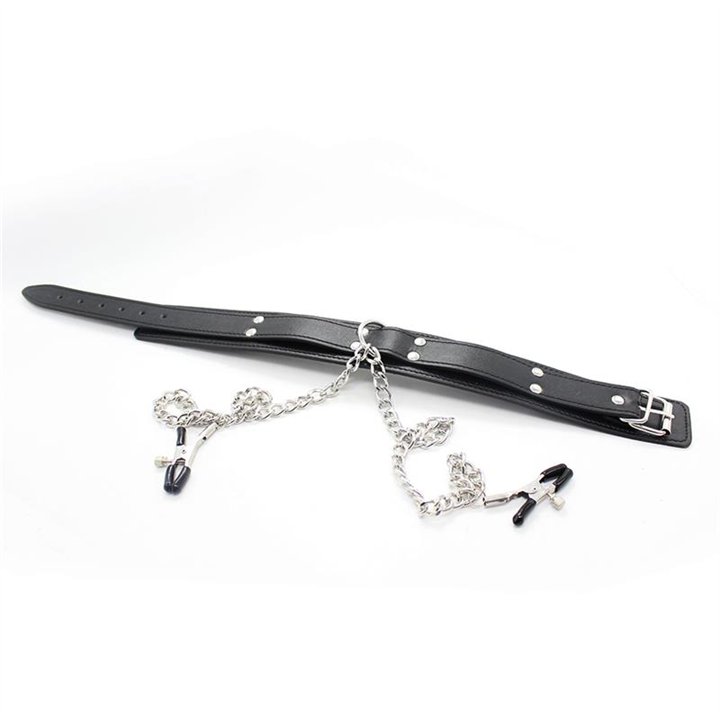 Collar with Nipple Clamps and metal Chain Black - 843658379351 - Teknashop Ltd