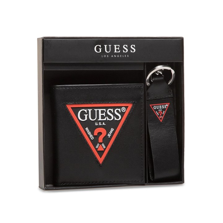 Set Guess: Guess, Leather Keyring, Black + Daelon, Leather Wallet, Small Billfold, Red/Black, For Men - Teknashop Ltd