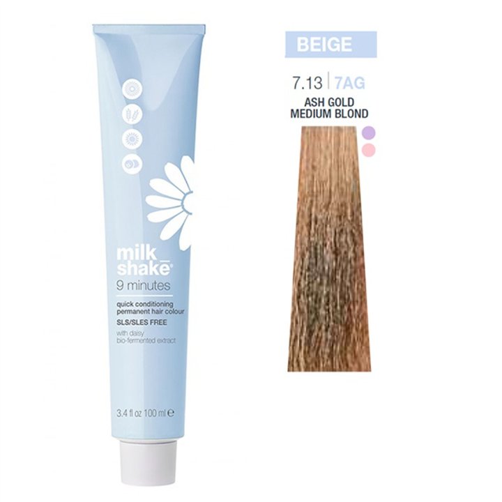 Milk Shake, 9 Minutes, Permanent Hair Dye, 7.13 Biondo Cenere Dorato, 100 ml - Teknashop Ltd