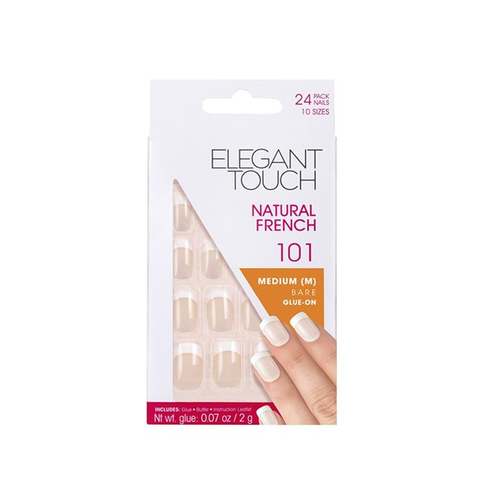 Set, Elegant Touch, Natural French, Square, Artificial Nails, Bare, 101, Size Medium, 24 pcs - Teknashop Ltd