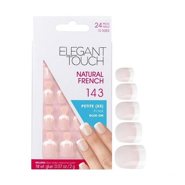 Set, Elegant Touch, Natural French, Square, Artificial Nails, Pink, 143, Petite (XS), 24 pcs - Teknashop Ltd