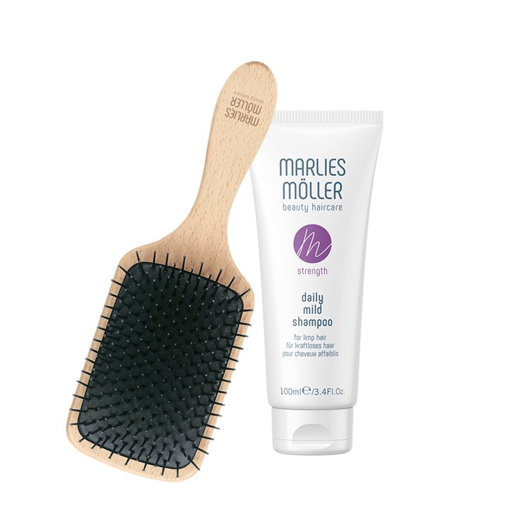 Set Marlies Moller: Marine Moisture, Scalp Brush + Daily Mild, Silicone Free, Hair Shampoo, Deep Cleansing, 100 ml - Teknashop L