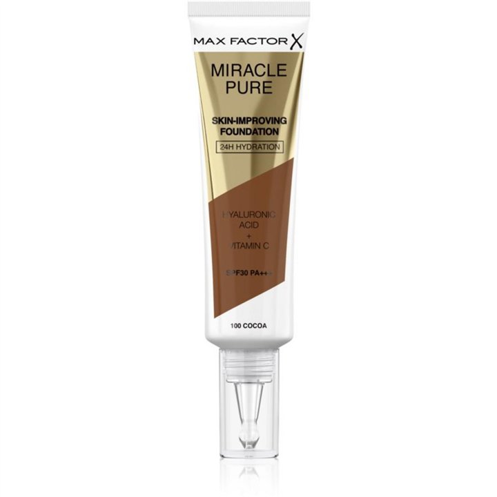 Max Factor, Miracle Pure, Hyaluronic Acid, Radiant, Liquid Foundation & Serum 2-In-1, Cocoa, 100, SPF 30, 30 ml - Teknashop Ltd