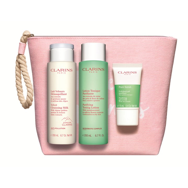 Set Clarins: Pure, Exfoliating Scrub, 15 ml + Velourse, Anti-Pollution, Cleansing Milk, For Face, 200 ml + Purifying, Alcohol-Fr