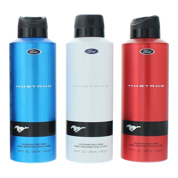 Set Ford: Mustang Blue, Deodorant Spray, For Men, 200 ml + Mustang Red, Deodorant Spray, For Men, 200 ml + Mustang White, Deodor