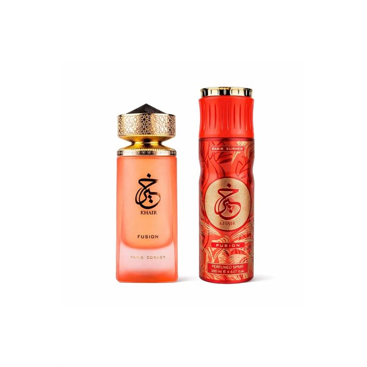 Set Paris Corner: Khair Fusion, Eau De Parfum, Unisex, 100 ml + Khair Fusion, Deodorant Spray, For Women, 200 ml - Teknashop Ltd