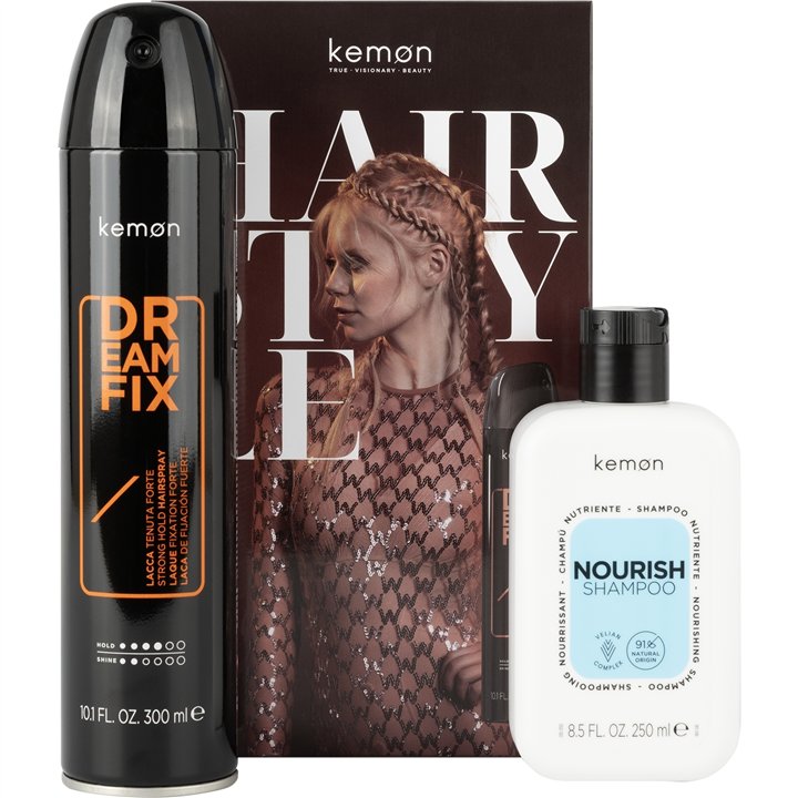 Set Kemon: Dreamfix, Hair Spray, Strong Hold, 300 ml + Nourish Nourishing, Hair Treatment Shampoo, Dry, 250 ml - Teknashop Ltd