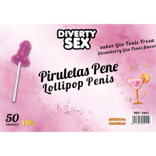 DIABLO GOLOSO - 50 PENIS LOLLIPOPS GIN TONIC STRAWBERRY FLAVOR 10% ALCOHOL - D-244780 - Teknashop Ltd