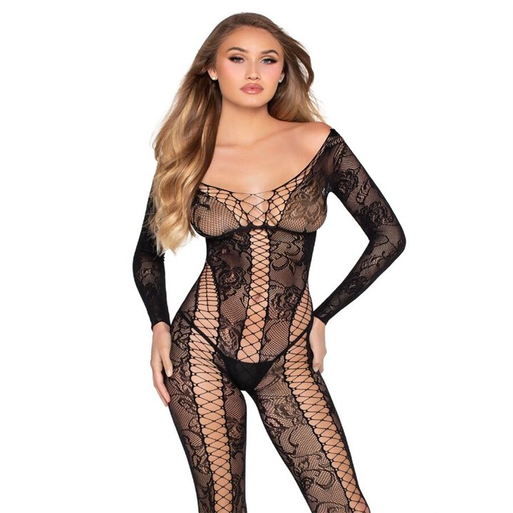 LEG AVENUE - 89369 NET & LACE JUMPSUIT BLACK - ONE SIZE - D-245350 - Teknashop Ltd