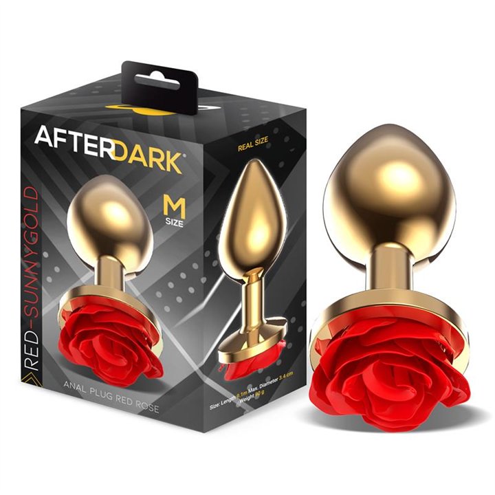 Golden Metal Anal Plug with Red Rose Base - Size M - AD-567 - Teknashop Ltd