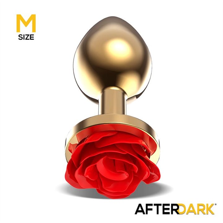 Golden Metal Anal Plug with Red Rose Base - Size M - AD-567 - Teknashop Ltd
