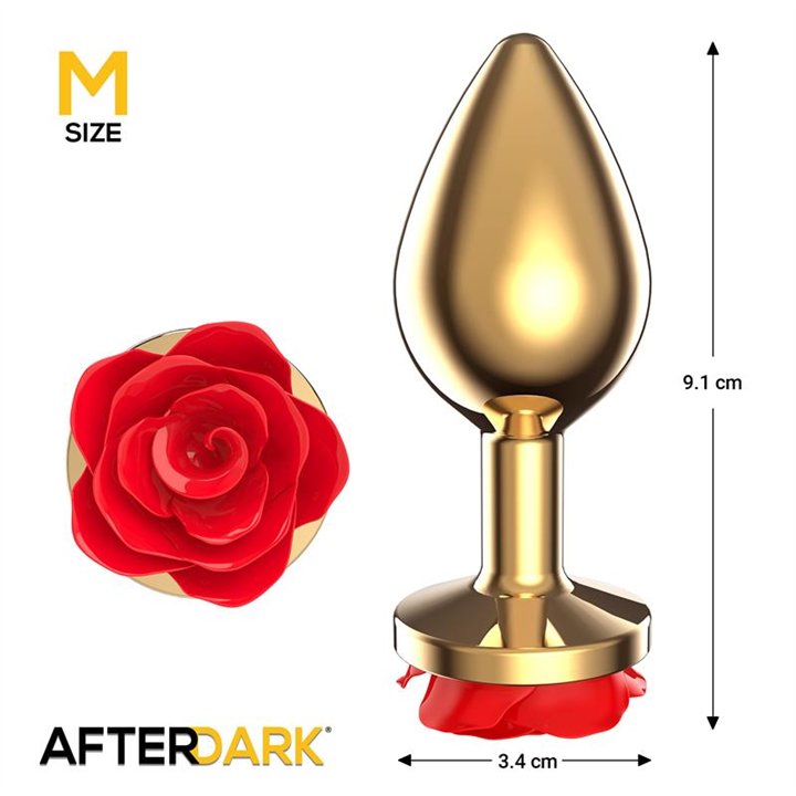 Golden Metal Anal Plug with Red Rose Base - Size M - AD-567 - Teknashop Ltd