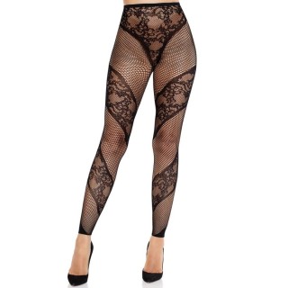 LEG AVENUE - LACE AND SHEER FOOTLESS TIGHTS BLACK - D-243085 - Teknashop Ltd
