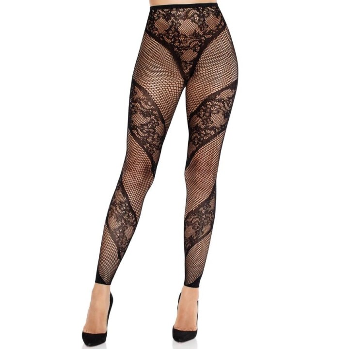 LEG AVENUE - LACE AND SHEER FOOTLESS TIGHTS BLACK - D-243085 - Teknashop Ltd