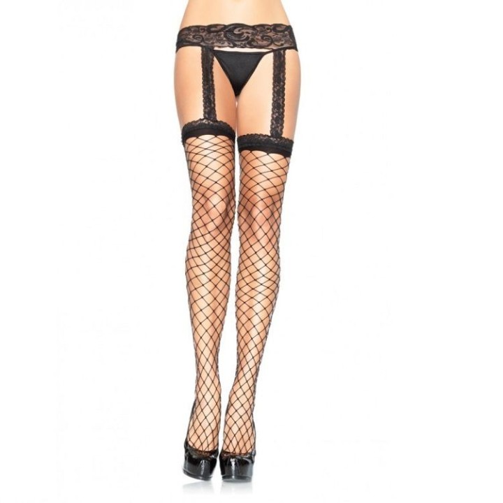 LEG AVENUE - FISHNET STOCKINGS WITH BLACK LACE GARTER GARTER - 1769 BLACK - Teknashop Ltd