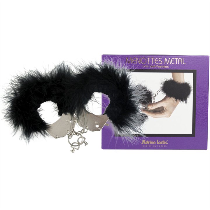 ADRIEN LASTIC - METAL HANDCUFFS WITH BLACK FEATHERS - D-237081 - Teknashop Ltd