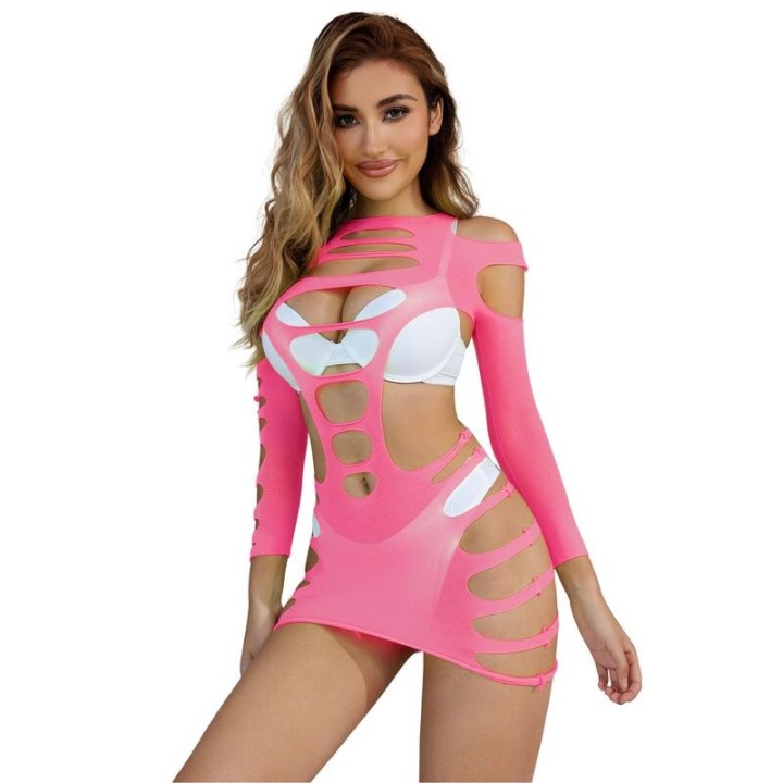 SUBBLIME - 952273 LONG SLEEVE ELASTIC FISHNET DRESS PINK ONE SIZE - D-241376 - Teknashop Ltd