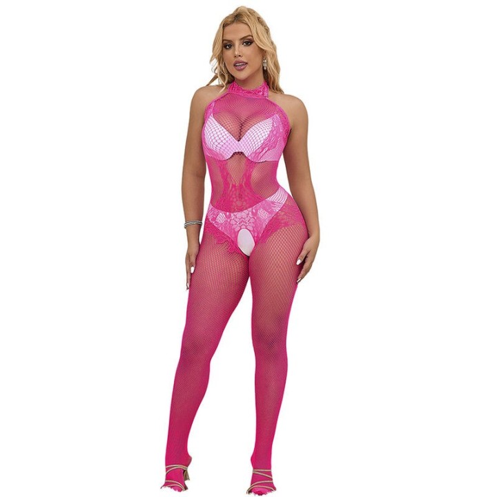 SUBBLIME - 952389 FISHNET AND LACE CROTCHLESS BODYSTOCKING WITH HIGH NECK PINK ONE SIZE - D-241387 - Teknashop Ltd