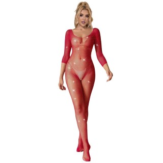 SUBBLIME - 952419 FISHNET BODYSTOCKING WITH DIAMONDS LONG SLEEVE RED XS/M - D-241390 - Teknashop Ltd