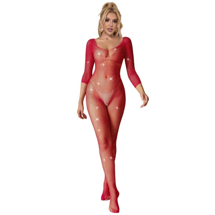 SUBBLIME - 952419 FISHNET BODYSTOCKING WITH DIAMONDS LONG SLEEVE RED XS/M - D-241390 - Teknashop Ltd