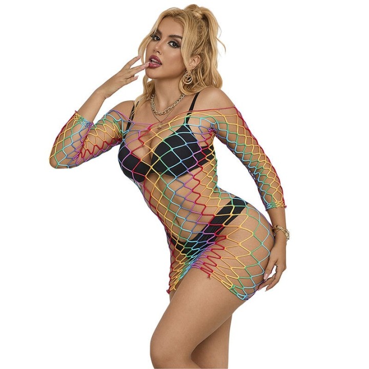 SUBBLIME - 952426 RAINBOW LONG SLEEVE FISHNET DRESS ONE SIZE - D-241391 - Teknashop Ltd