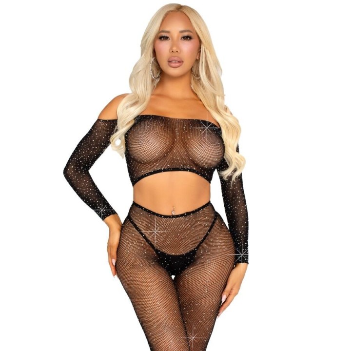 LEG AVENUE - CROP TOP AND FISHNET LEGGING WITH RHINESTONES BLACK - D-243079 - Teknashop Ltd
