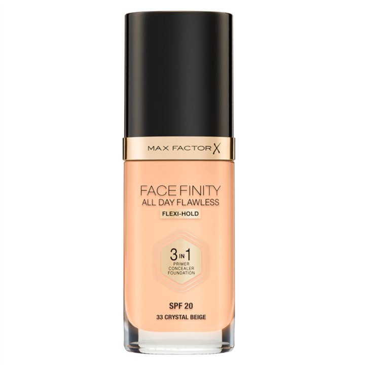 Max Factor, Facefinity All Day Flawless, Vegan, Matte, Primer, Concealer & Foundation 3-In-1, 33, Crystal Beige, SPF 20, 30 ml -