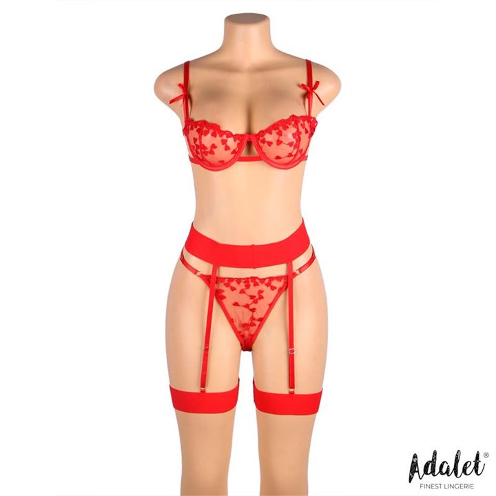 Yvonne bra, thong, and garter belt Set with Hearts Red - A-323 - Teknashop Ltd