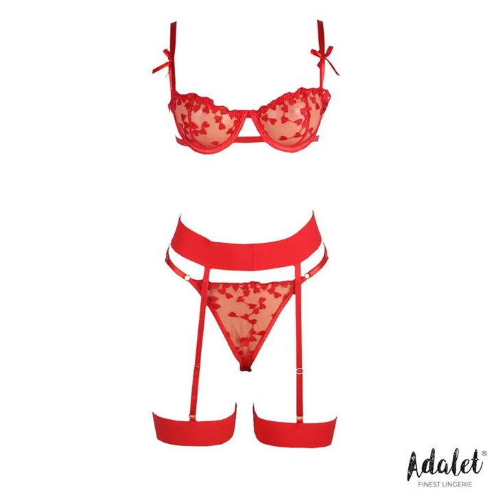 Yvonne bra, thong, and garter belt Set with Hearts Red - A-323 - Teknashop Ltd