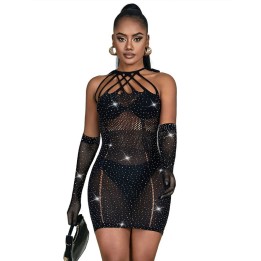 SUBBLIME - 952235 FISHNET DRESS WITH RHINESTONES  BLACK ONE SIZE - D-241372 - Teknashop Ltd