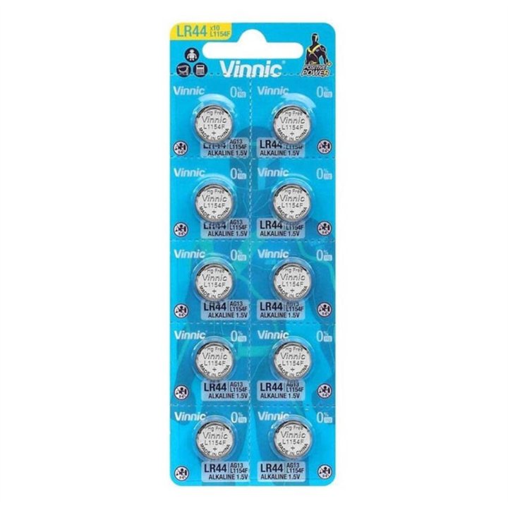 VINNIC - ALKALINE BUTTON BATTERY AG13 L1154F LR44 BLISTER*10 - D-233555 - Teknashop Ltd