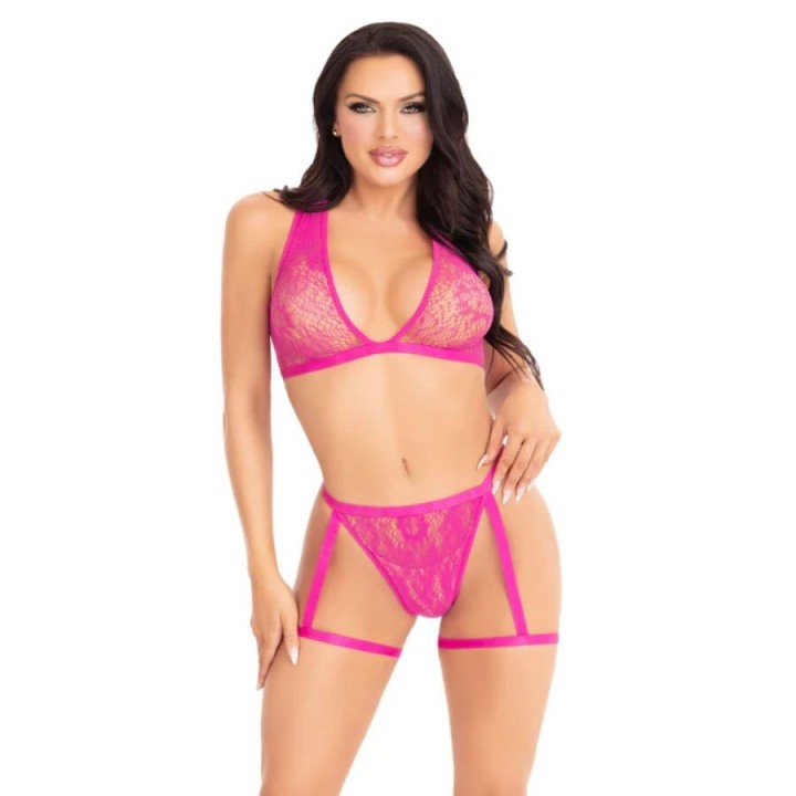 LEG AVENUE - 86148 LACE BRA TOP AND PANTY WITH GARTERS PINK - ONE SIZE - D-245345 - Teknashop Ltd