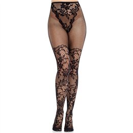 LEG AVENUE - DAHLIA LACE STOCKINGS WITH NET DETAIL BLACK - D-243097 - Teknashop Ltd
