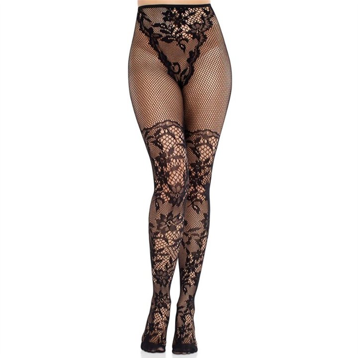 LEG AVENUE - DAHLIA LACE STOCKINGS WITH NET DETAIL BLACK - D-243097 - Teknashop Ltd