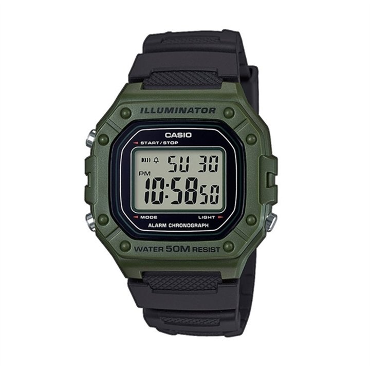 CASIO TIMELESS COLLECTION Mod. SPORT ILLUMINATOR WR 50M, ALARM, CHRONOGRAPH - ARMY GREEN - WW.W-218H-3AVEF - Teknashop Ltd