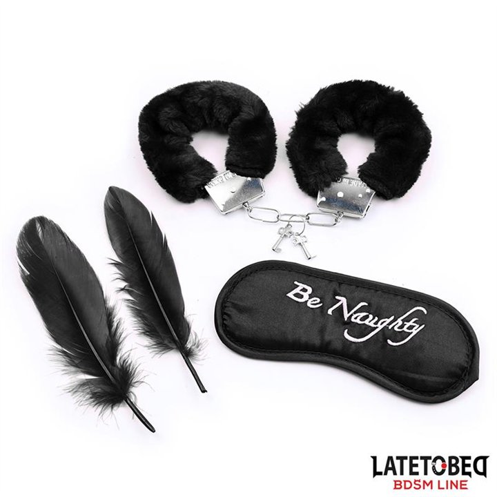 3 Pieces Set Mask, Handcuffs and Feathers Black - 8436615001743 - Teknashop Ltd
