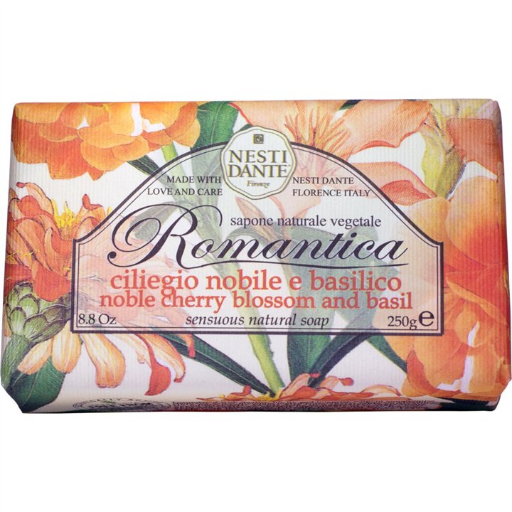 Nesti Dante, Romantica, Natural Ingredients, Cleansing & Softening, Cherry Blossom & Basil, Scented Soap Bar, Body, 250 g - Tekn