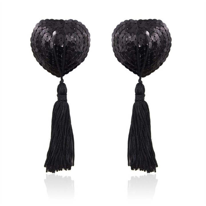 Self-Adhesive Heart Sequin Nipple Cover with Tassel Black - 843658379301 - Teknashop Ltd