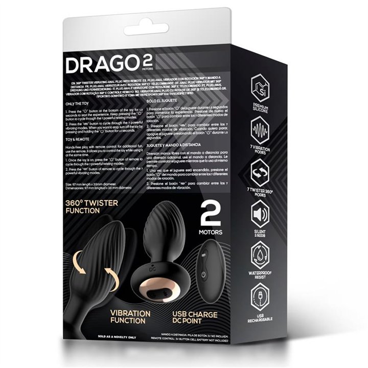 Drago Butt Plug Vibration, 360º Twister Movement and Remote Control - U-588 - Teknashop Ltd