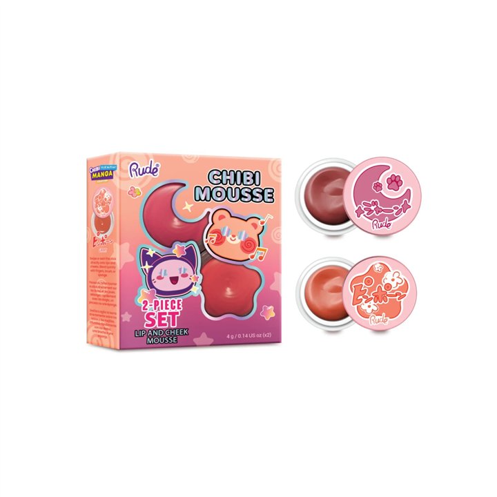 Set Rude Cosmetics: Chibi Mousse, Lip & Cheek Balm 2-In-1, Tada!, 4 g + Chibi Mousse, Lip & Cheek Balm 2-In-1, Fuzzy, 4 g - Tekn