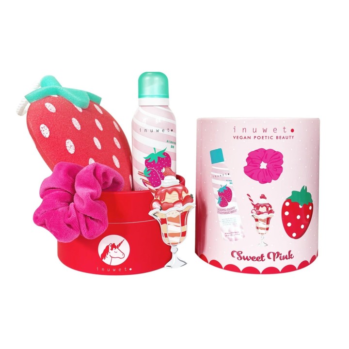 Set Inuwet: Strawberry, Cleansing & Moisturising, Shower Mousse, 200 ml + Scrunchy, Hair Elastic + Strawberry, Body Sponge + Str