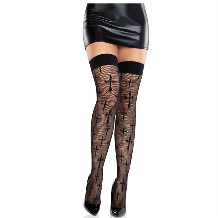 LEG AVENUE - WORSHIP ME LACE STOCKINGS BLACK - D-243072 - Teknashop Ltd